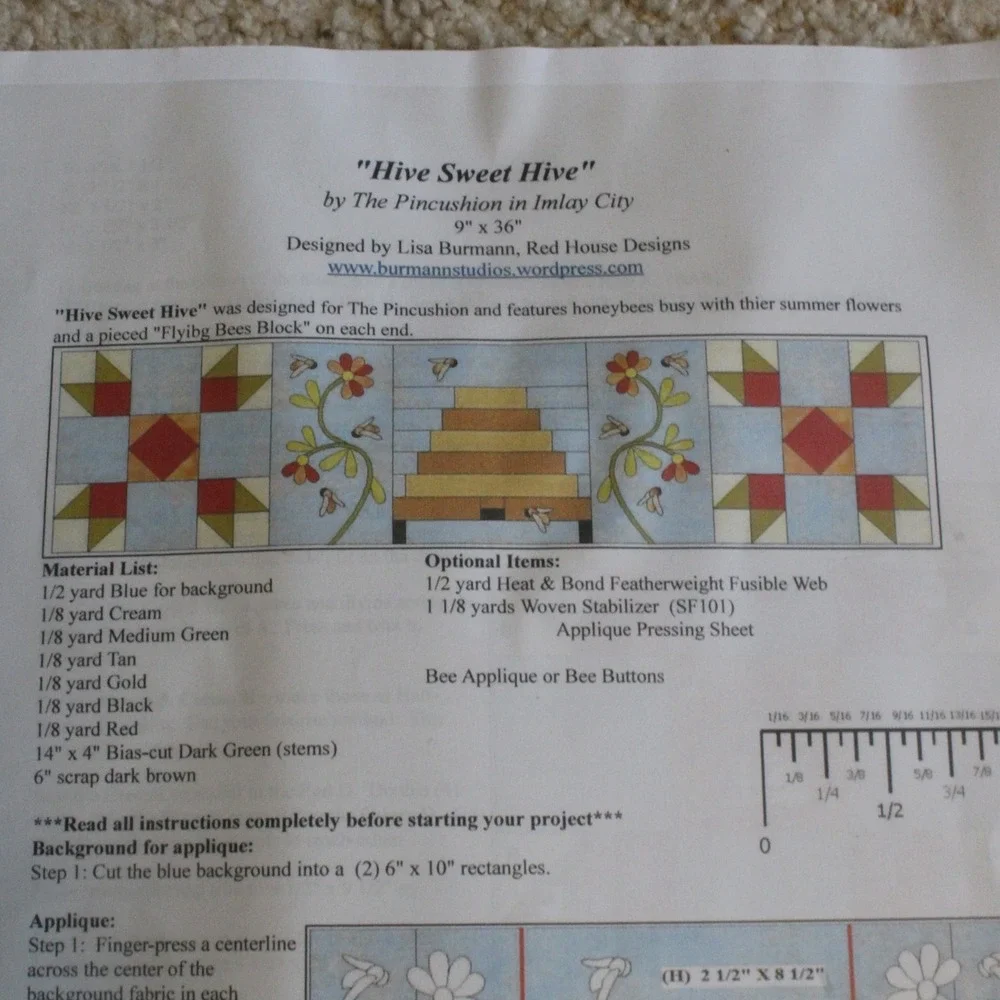 The Pincushion Hive Sweet Hive Quilt Pattern Fabric Kit 9x36 Bee Blue Gold Red